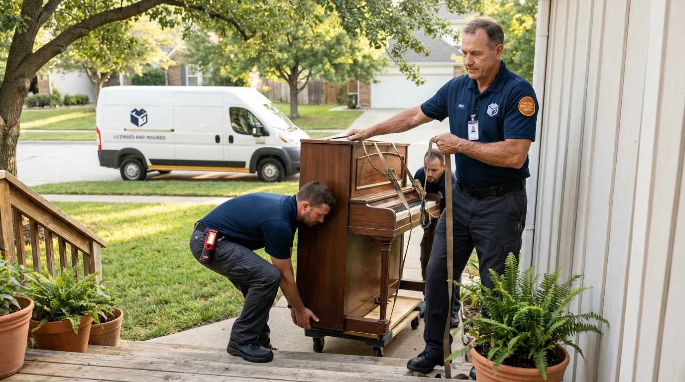 Licensed piano movers securing grand piano in Riverview, FL