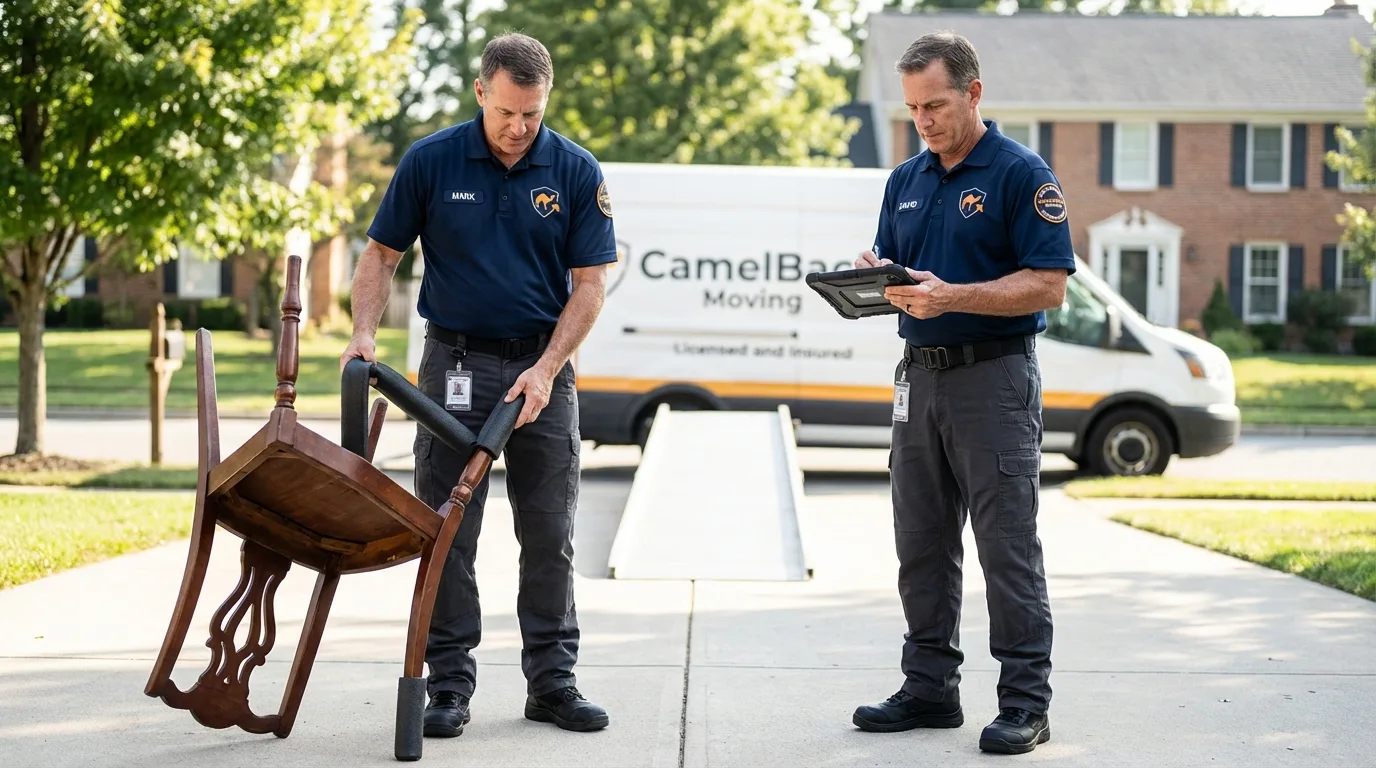 Movers inspecting furniture for damage prevention before loading in Riverview, FL