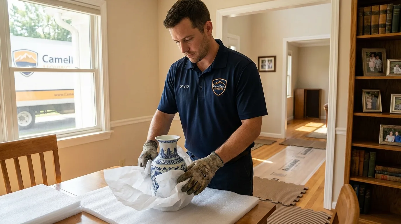 Professional crew carefully wrapping antique vase for senior downsizing move in Riverview, FL